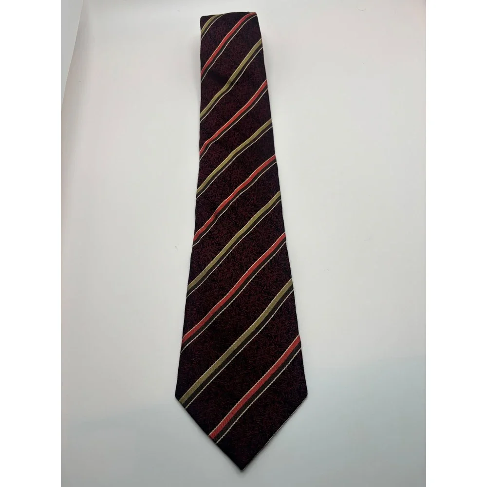 Luciano Ferretti Mens Silk Tie Burgundy Paisley Striped Red Gold Jacquard 1602